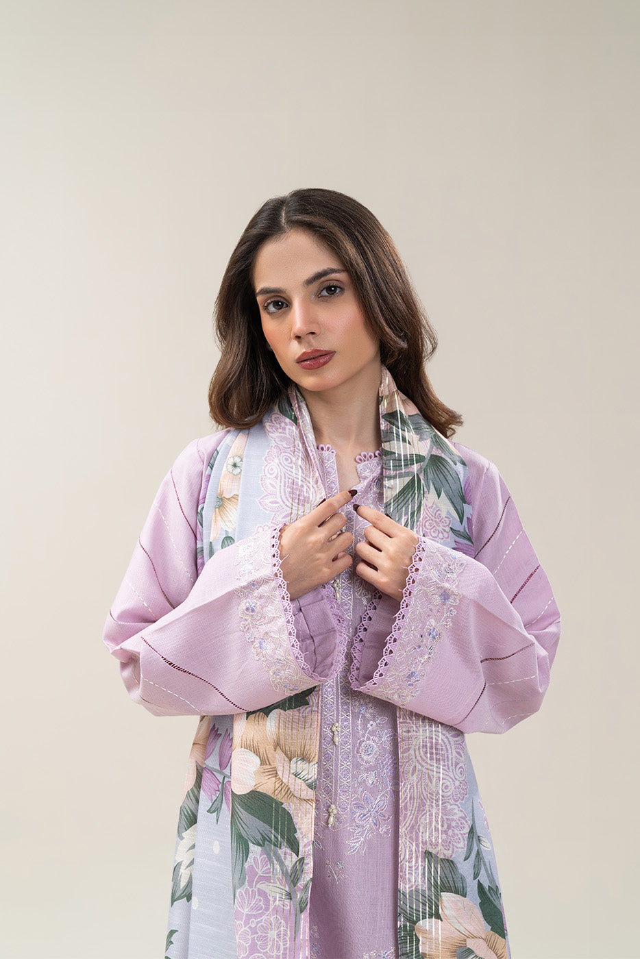 3 PIECE EMBROIDERED SLUB KHADDAR SUIT-LILAC DREAM (UNSTITCHED)