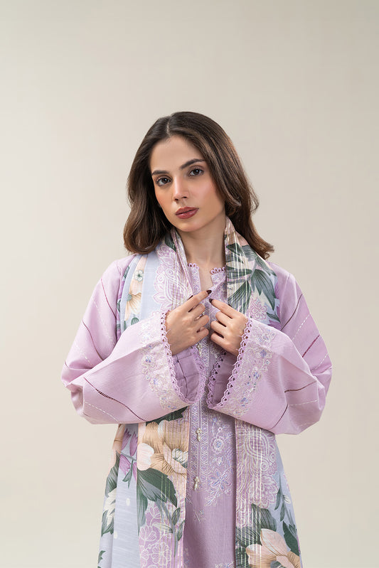 3 PIECE EMBROIDERED SLUB KHADDAR SUIT-LILAC DREAM (UNSTITCHED)