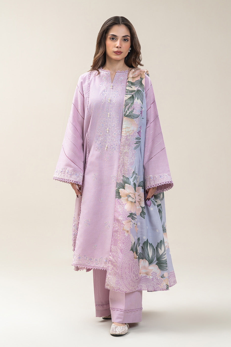 3 PIECE EMBROIDERED SLUB KHADDAR SUIT-LILAC DREAM (UNSTITCHED)