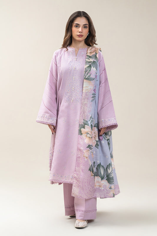 3 PIECE EMBROIDERED SLUB KHADDAR SUIT-LILAC DREAM (UNSTITCHED)