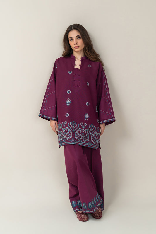 2 PIECE EMBROIDERED SLUB KHADDAR SUIT-MAGENTA ROSE (UNSTITCHED)