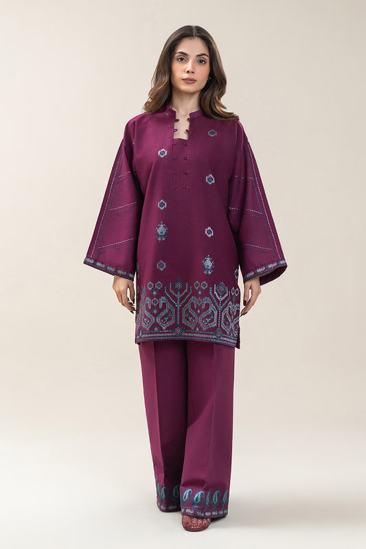2 PIECE EMBROIDERED SLUB KHADDAR SUIT-MAGENTA ROSE (UNSTITCHED)