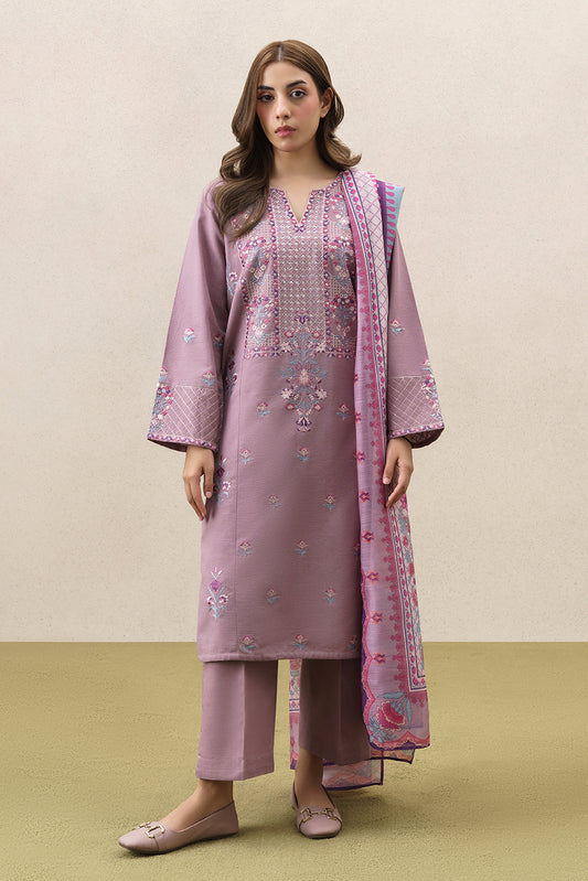 3 PIECE EMBROIDERED SLUB KHADDAR SUIT (PRET)