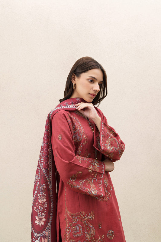 3 PIECE EMBROIDERED SLUB SUIT (PRET)