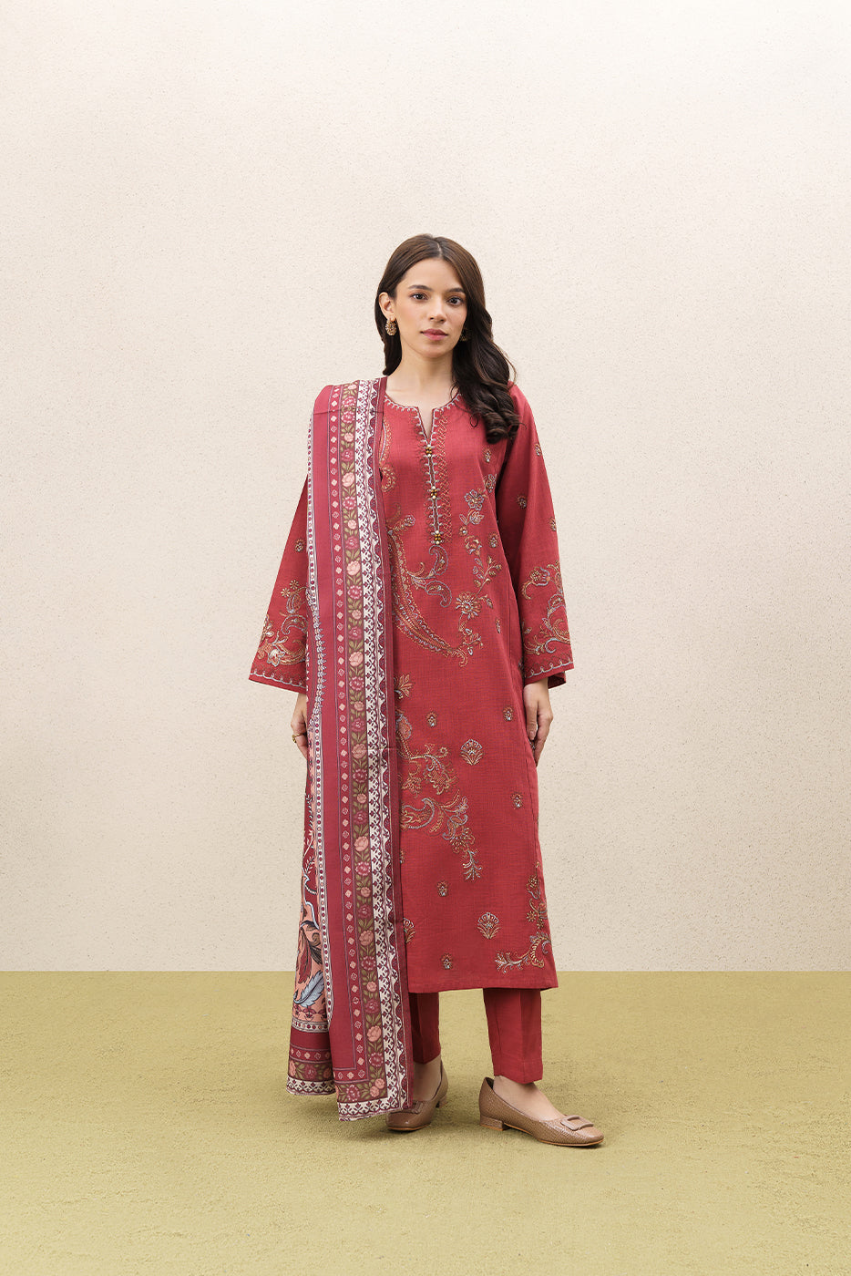 3 PIECE EMBROIDERED SLUB SUIT (PRET)