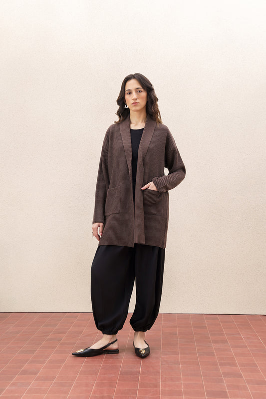 DROP SHOULDER TEXTURED KNIT FRONT OPEN SHRUG
