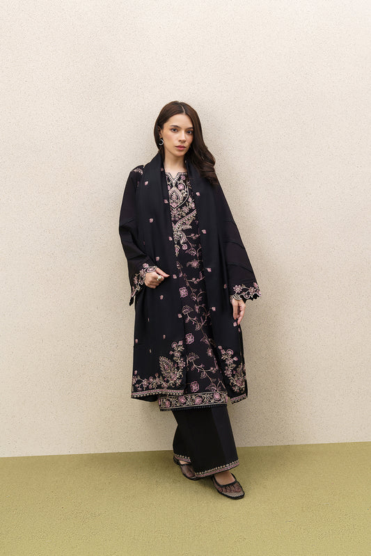 3 PIECE EMBROIDERED KHADDAR SUIT WITH SHAWL-RAVEN BLACK (UNSTITCHED)