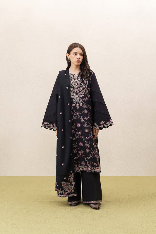 3 PIECE EMBROIDERED KHADDAR SUIT WITH SHAWL-RAVEN BLACK (UNSTITCHED)