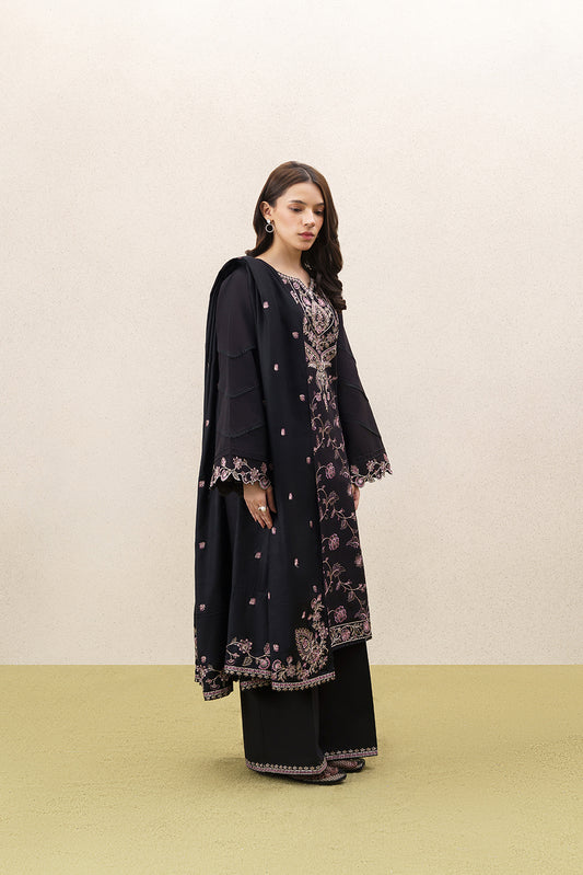 3 PIECE EMBROIDERED KHADDAR SUIT WITH SHAWL-RAVEN BLACK (UNSTITCHED)