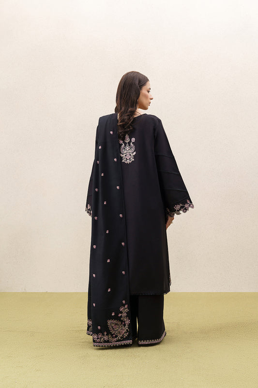 3 PIECE EMBROIDERED KHADDAR SUIT WITH SHAWL-RAVEN BLACK (UNSTITCHED)