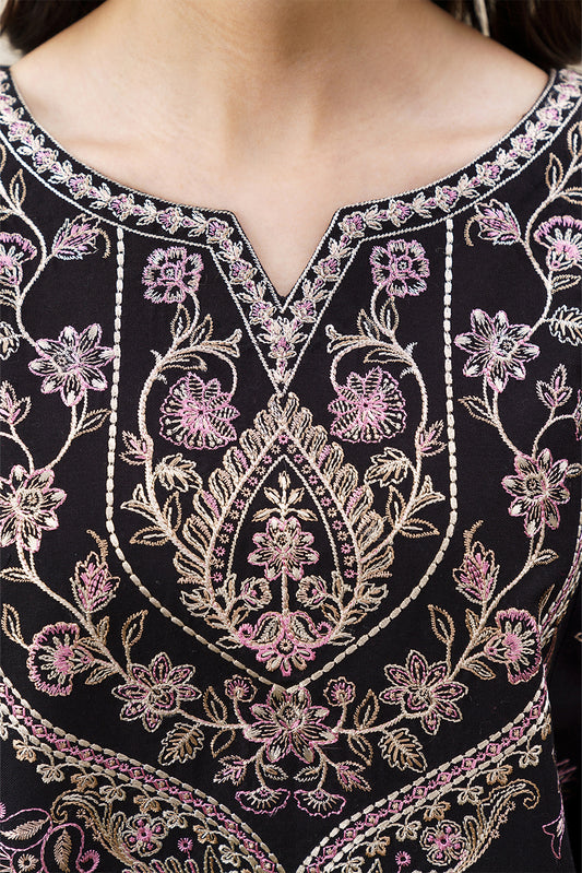 3 PIECE EMBROIDERED KHADDAR SUIT WITH SHAWL-RAVEN BLACK (UNSTITCHED)