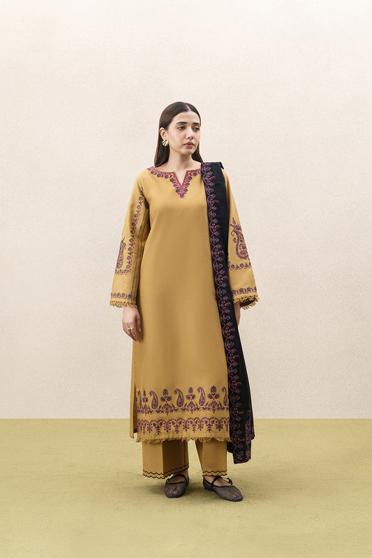 3 PIECE EMBROIDERED KHADDAR SUIT WITH SHAWL-URBAN OCHRE (UNSTITCHED)