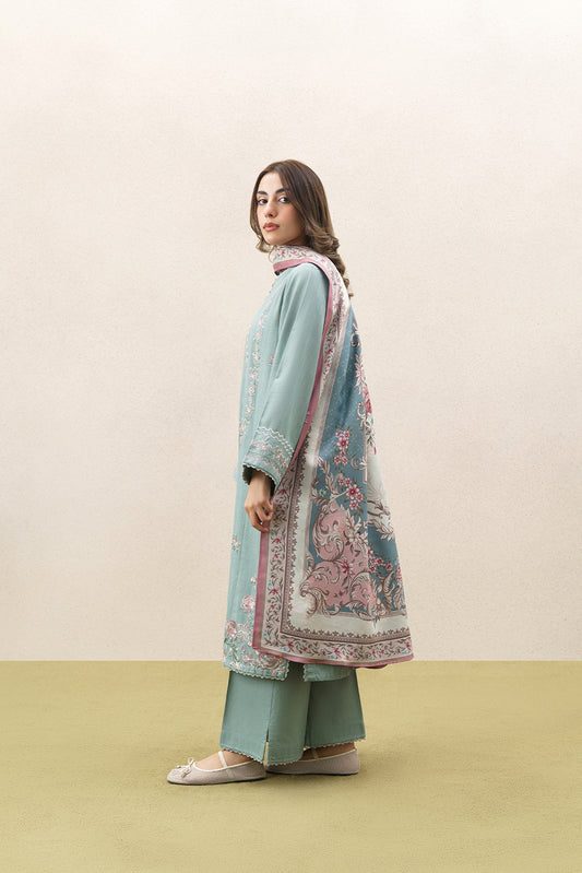 3 PIECE EMBROIDERED SLUB KHADDAR SUIT WITH SHAWL-MINTED MAJESTY (UNSTITCHED)