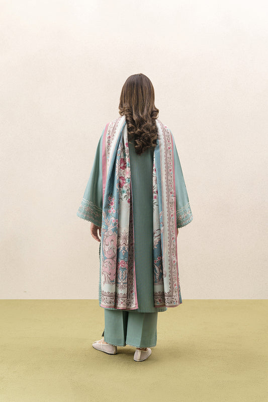 3 PIECE EMBROIDERED SLUB KHADDAR SUIT WITH SHAWL-MINTED MAJESTY (UNSTITCHED)