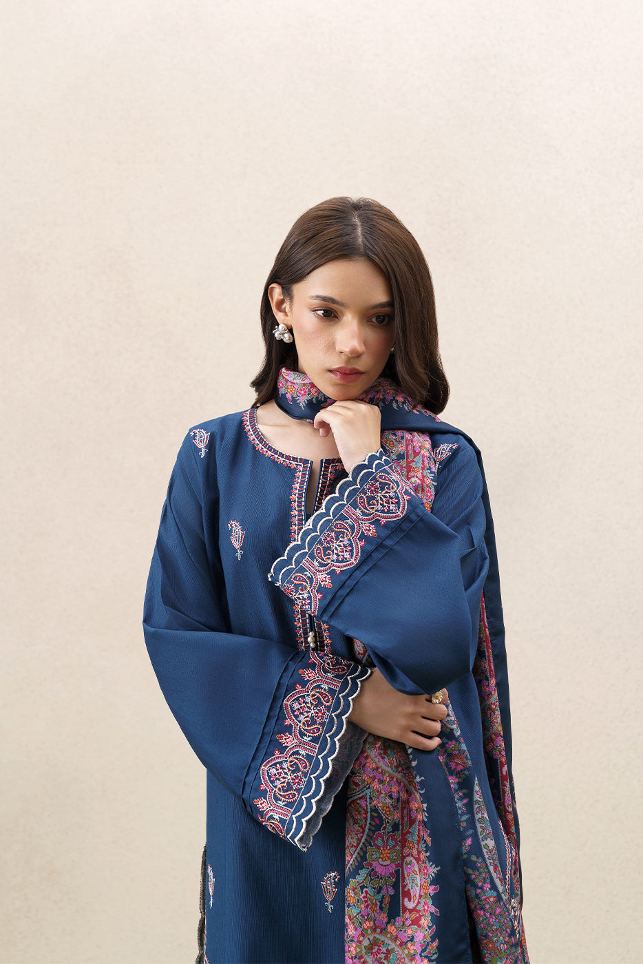 3 PIECE EMBROIDERED KHADDAR SUIT WITH SHAWL-MONOCHROMATIC BLUE (UNSTITCHED)