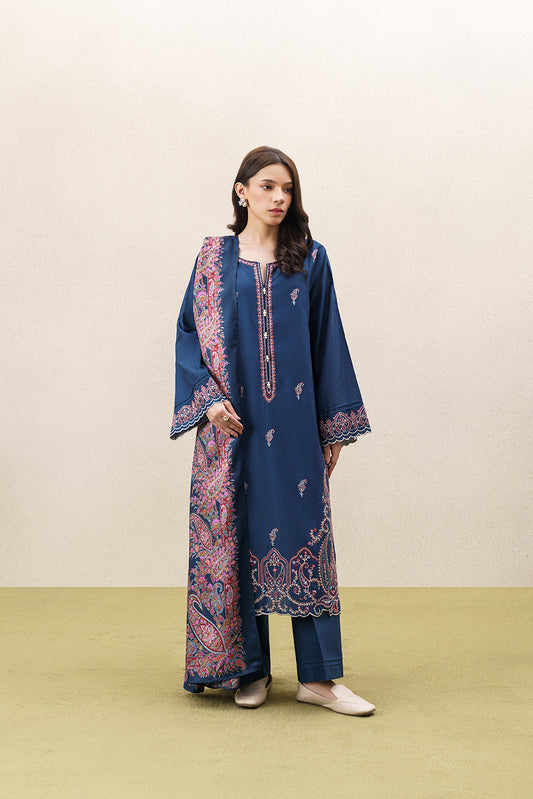 3 PIECE EMBROIDERED KHADDAR SUIT WITH SHAWL-MONOCHROMATIC BLUE (UNSTITCHED)