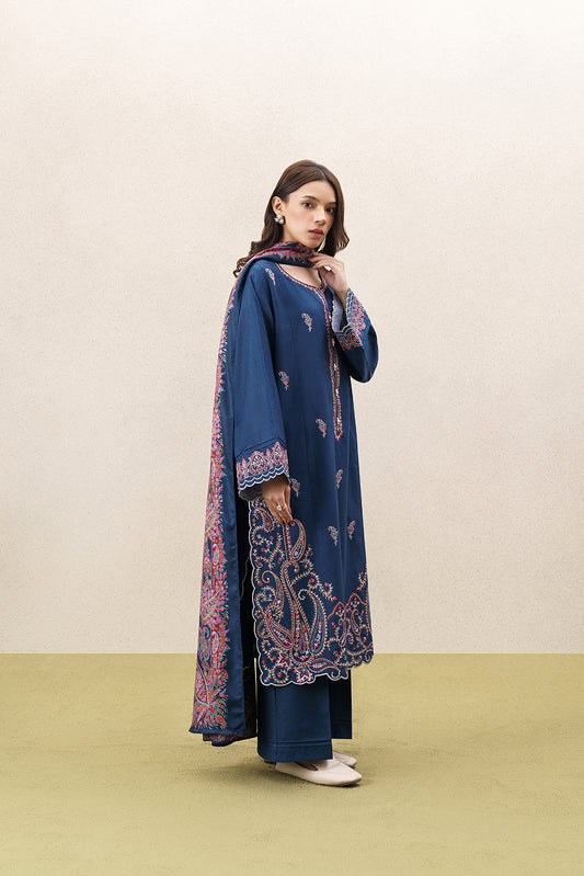 3 PIECE EMBROIDERED KHADDAR SUIT WITH SHAWL-MONOCHROMATIC BLUE (UNSTITCHED)