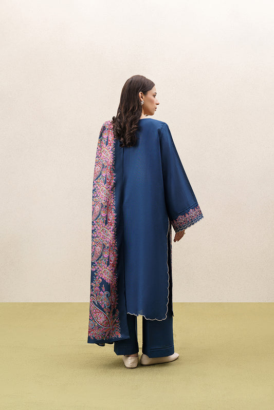 3 PIECE EMBROIDERED KHADDAR SUIT WITH SHAWL-MONOCHROMATIC BLUE (UNSTITCHED)
