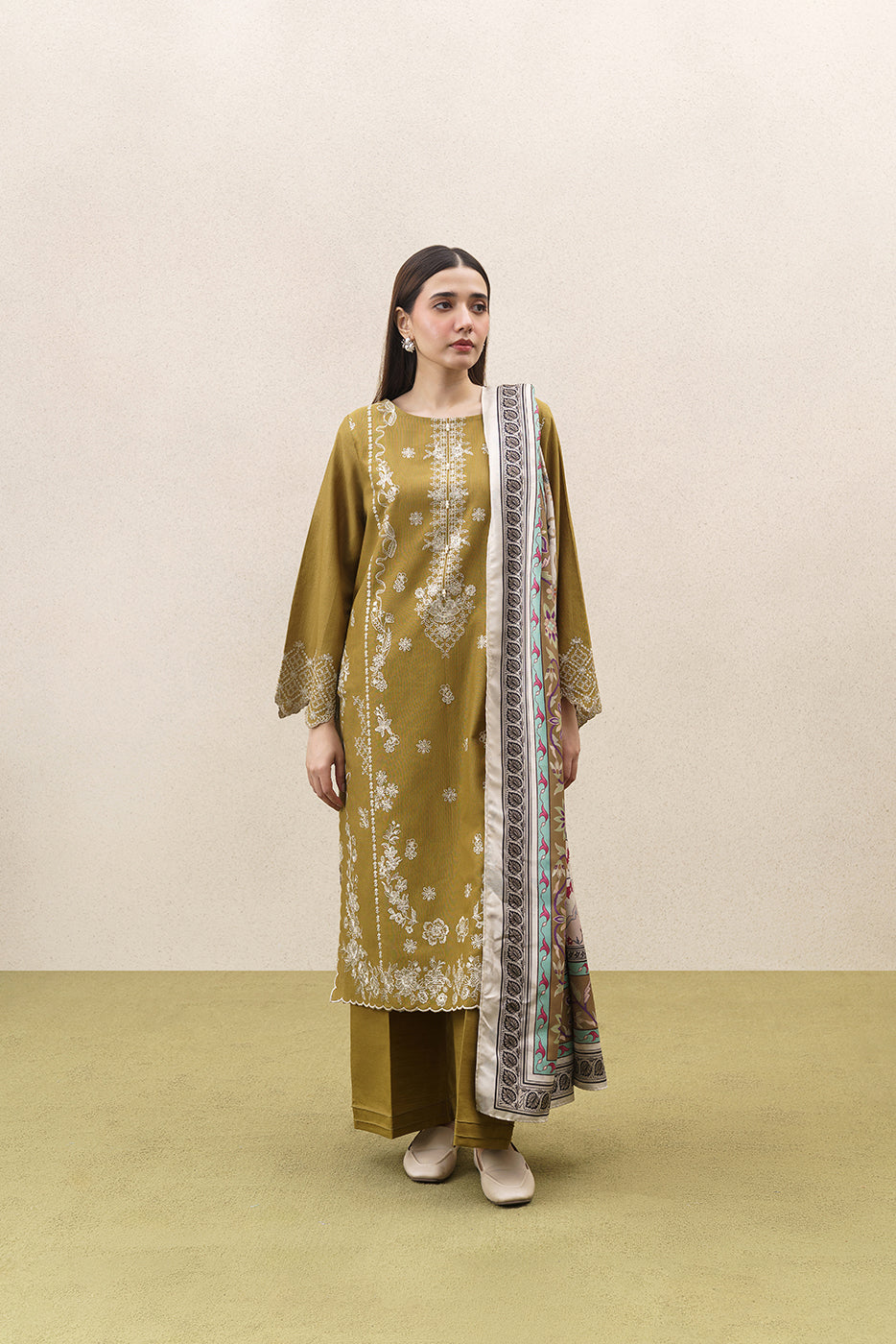 3 PIECE EMBROIDERED KHADDAR SUIT-OLIVE REVERIE (UNSTITCHED)