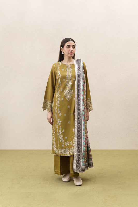 3 PIECE EMBROIDERED KHADDAR SUIT-OLIVE REVERIE (UNSTITCHED)