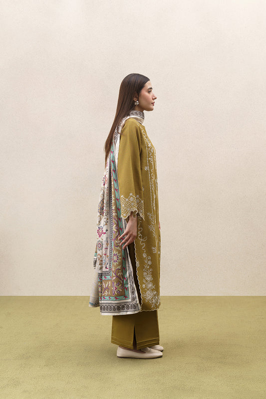 3 PIECE EMBROIDERED KHADDAR SUIT-OLIVE REVERIE (UNSTITCHED)