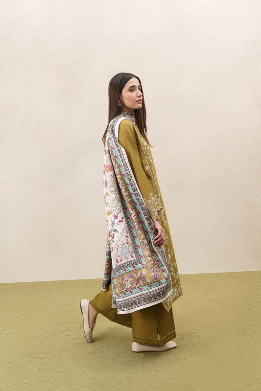 3 PIECE EMBROIDERED KHADDAR SUIT-OLIVE REVERIE (UNSTITCHED)