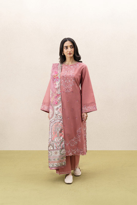 3 PIECE EMBROIDERED KHADDAR SUIT WITH SHAWL-BLUSH REVERIE (UNSTITCHED)