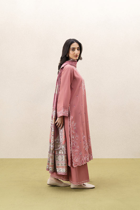 3 PIECE EMBROIDERED KHADDAR SUIT WITH SHAWL-BLUSH REVERIE (UNSTITCHED)