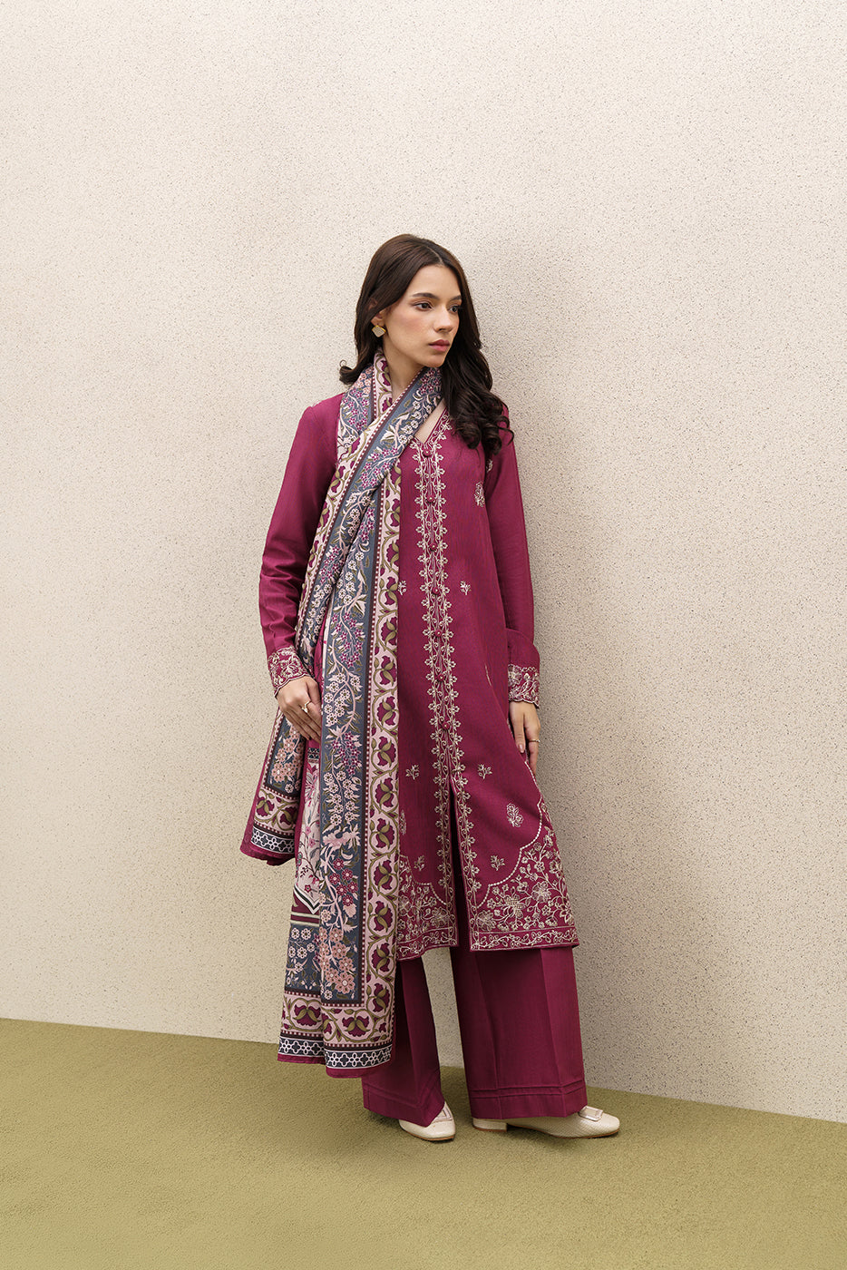 3 PIECE EMBROIDERED KHADDAR SUIT WITH SHAWL-ORNATE HAZE (UNSTITCHED)
