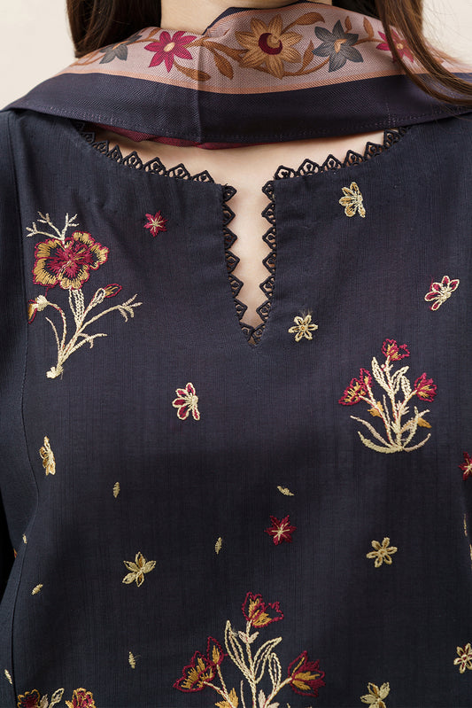 3 PIECE EMBROIDERED SLUB KHADDAR SUIT WITH SHAWL-SCARLET ORIGINS (UNSTITCHED)
