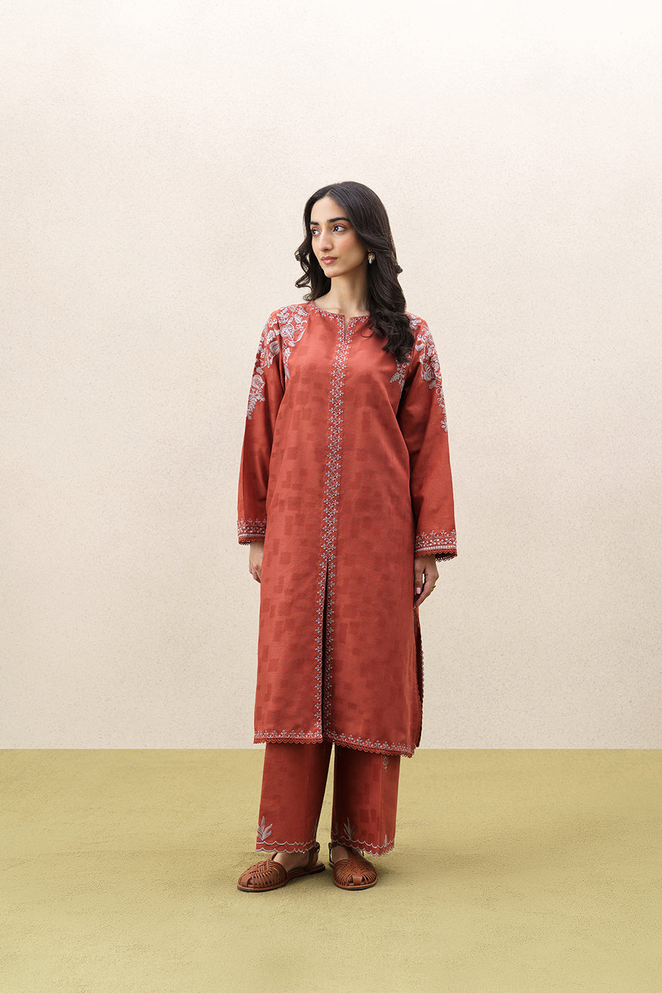 2 PIECE EMBROIDERED SELF JACQUARD SUIT-SAFFRON SAND (UNSTITCHED)