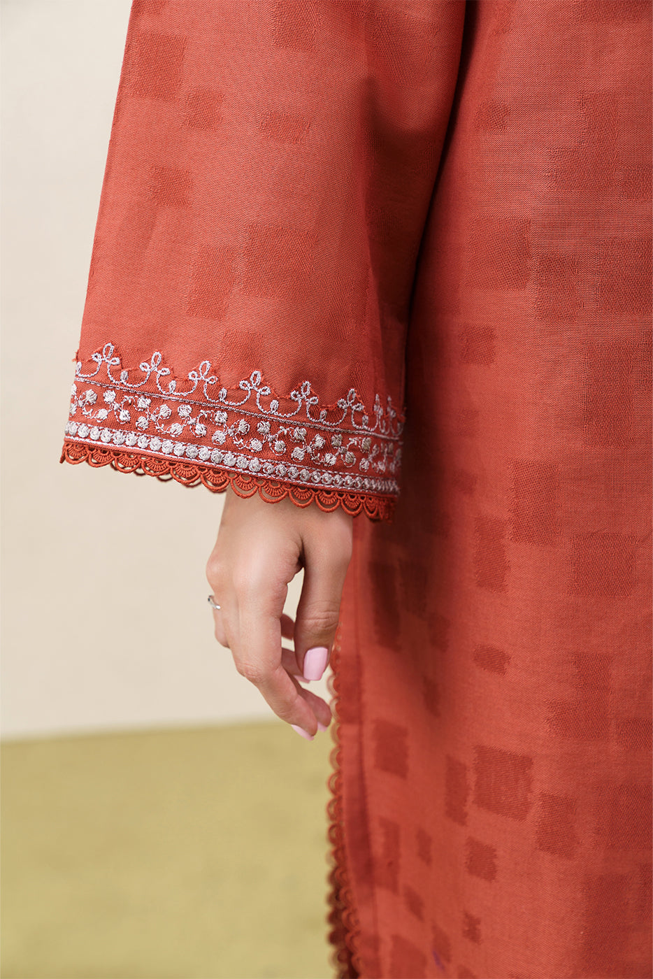 2 PIECE EMBROIDERED SELF JACQUARD SUIT-SAFFRON SAND (UNSTITCHED)