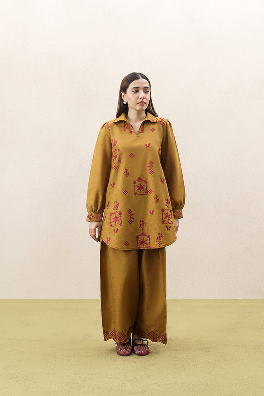 2 PIECE EMBROIDERED SELF JACQUARD KHADDAR SUIT-MUSTARD FLARE (UNSTITCHED)