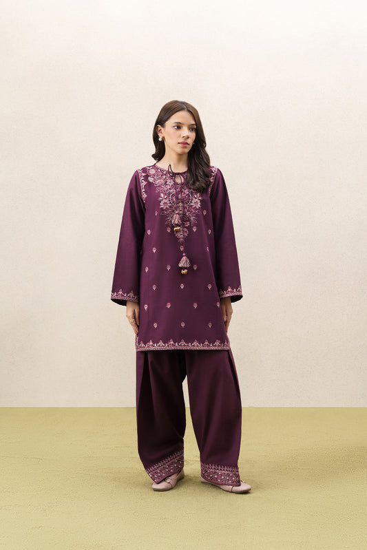 2 PIECE EMBROIDERED SELF JACQUARD SUIT-BURGUNDY BLOOM (UNSTITCHED)