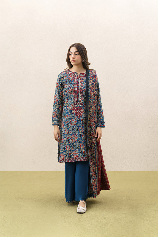 3 PIECE EMBROIDERED KHADDAR SUIT WITH SHAWL-BLOOMING MEADOW (UNSTITCHED)