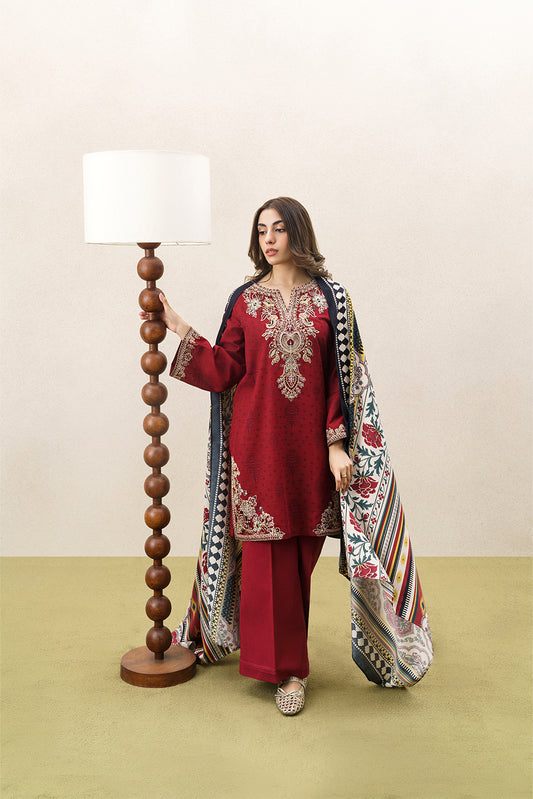 3 PIECE EMBROIDERED KHADDAR SUIT WITH SHAWL-GARNET CRUSH (UNSTITCHED)