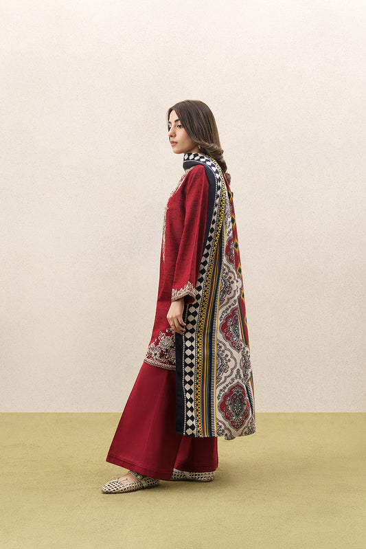 3 PIECE EMBROIDERED KHADDAR SUIT WITH SHAWL-GARNET CRUSH (UNSTITCHED)