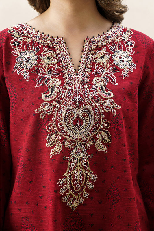 3 PIECE EMBROIDERED KHADDAR SUIT WITH SHAWL-GARNET CRUSH (UNSTITCHED)