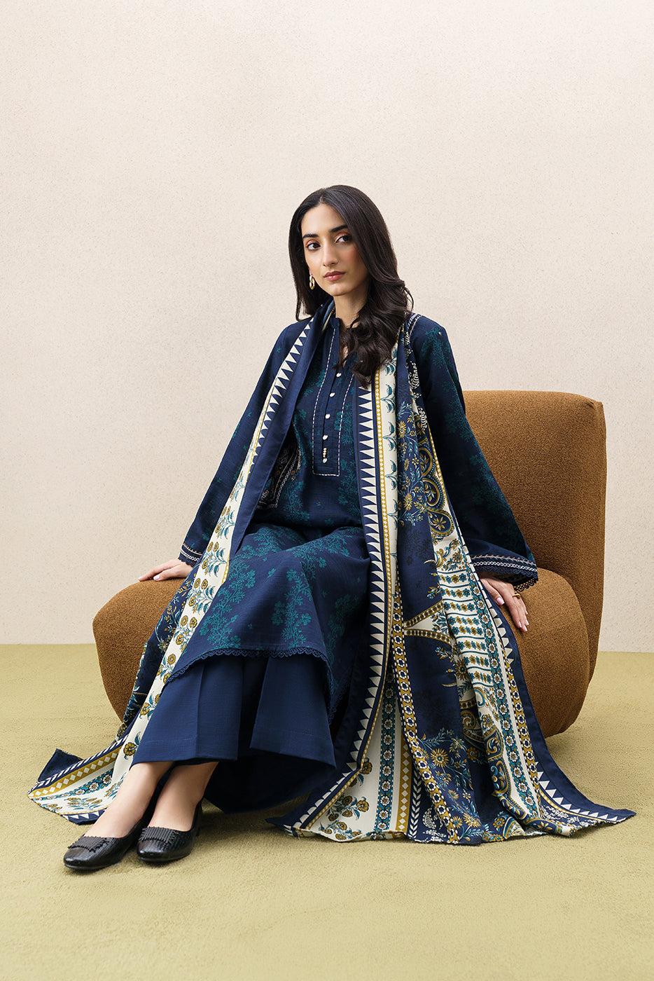 3 PIECE EMBROIDERED KHADDAR SUIT WITH SHAWL-NIGHT WHISPER (UNSTITCHED)