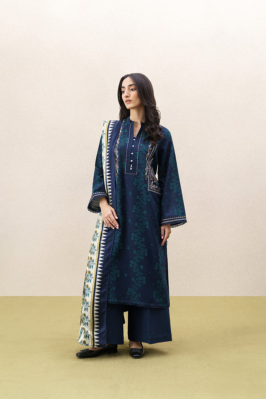 3 PIECE EMBROIDERED KHADDAR SUIT WITH SHAWL-NIGHT WHISPER (UNSTITCHED)