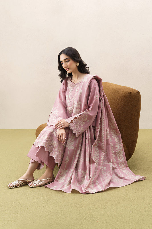 3 PIECE EMBROIDERED KHADDAR SUIT WITH SHAWL-FROSTED ROSE (UNSTITCHED)