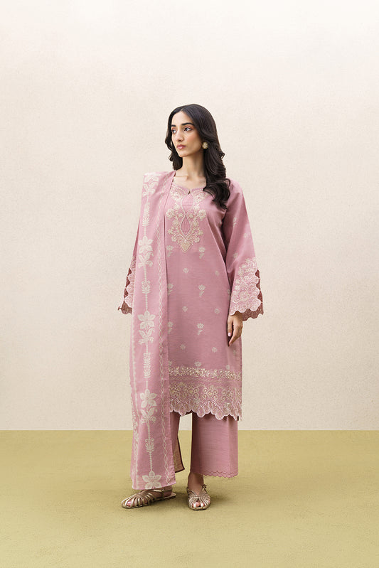 3 PIECE EMBROIDERED KHADDAR SUIT WITH SHAWL-FROSTED ROSE (UNSTITCHED)