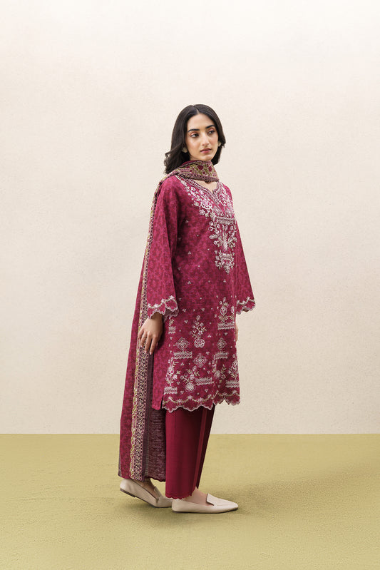 3 PIECE EMBROIDERED KHADDAR SUIT WITH SHAWL-TERRACOTTA TESSEL (UNSTITCHED)