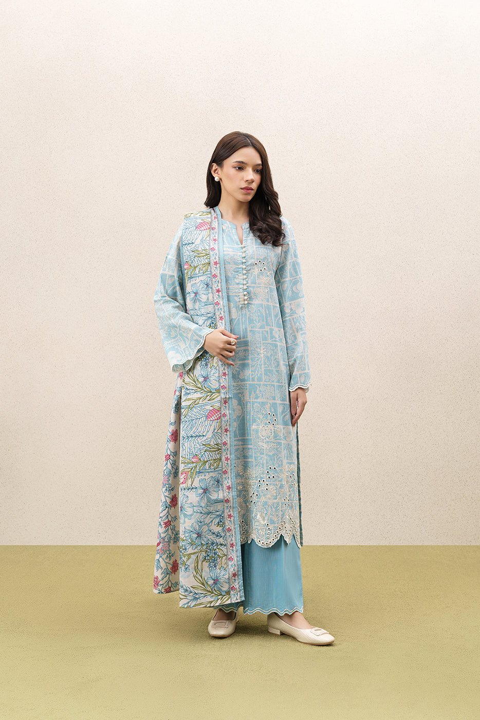 3 PIECE EMBROIDERED KHADDAR SUIT-AQUA ESSENCE (UNSTITCHED)
