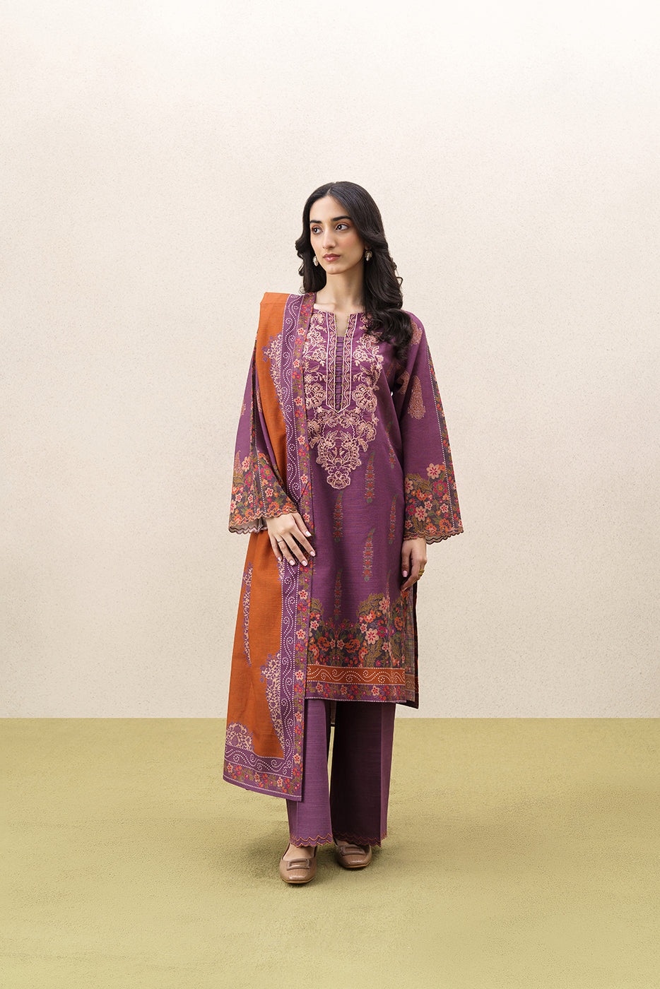 3 PIECE EMBROIDERED KHADDAR SUIT-HELIOTROPE DUST (UNSTITCHED)