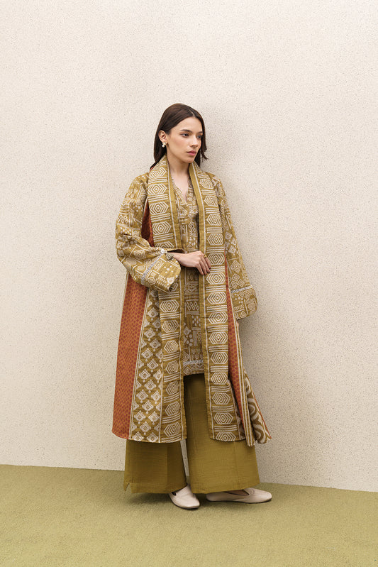 3 PIECE PRINTED KHADDAR SUIT-BURNT UMBER (UNSTITCHED)