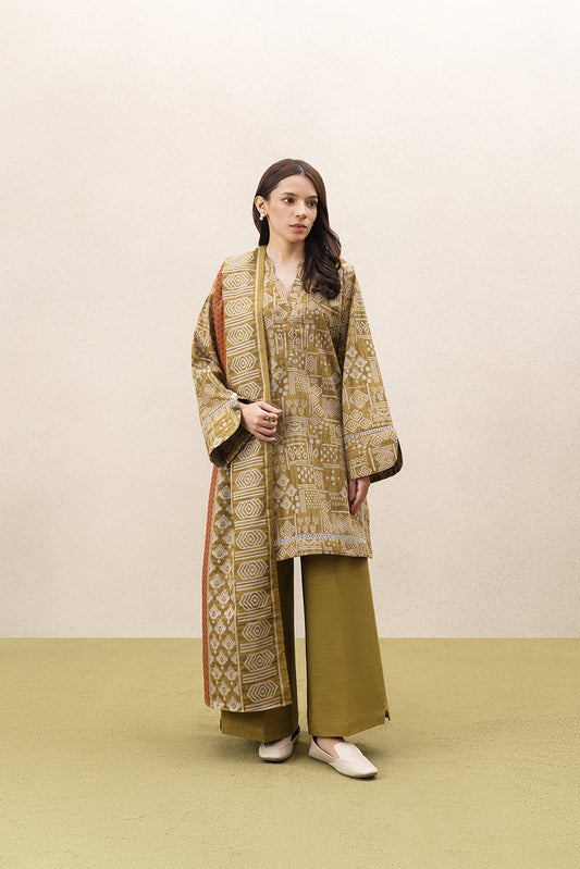 3 PIECE PRINTED KHADDAR SUIT-BURNT UMBER (UNSTITCHED)
