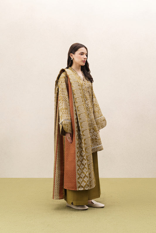 3 PIECE PRINTED KHADDAR SUIT-BURNT UMBER (UNSTITCHED)