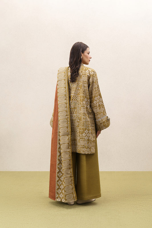 3 PIECE PRINTED KHADDAR SUIT-BURNT UMBER (UNSTITCHED)