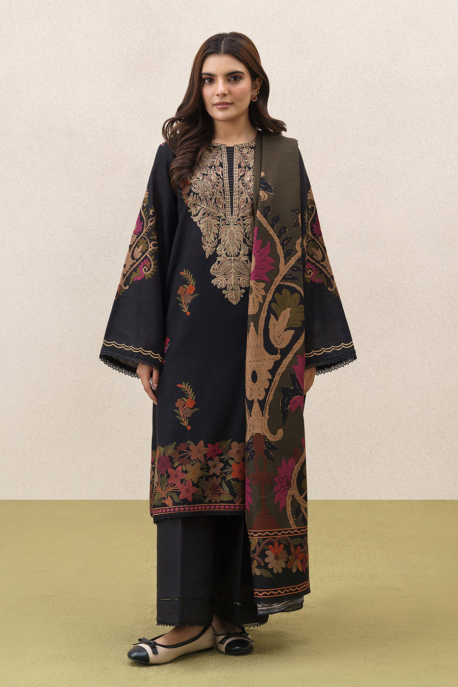 3 PIECE EMBROIDERED SLUB KHADDAR SUIT-BOHO NOCTURNE (UNSTITCHED)